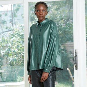 Women's Long Sleeve Faux Leather Button-Down Shirt - Prologue